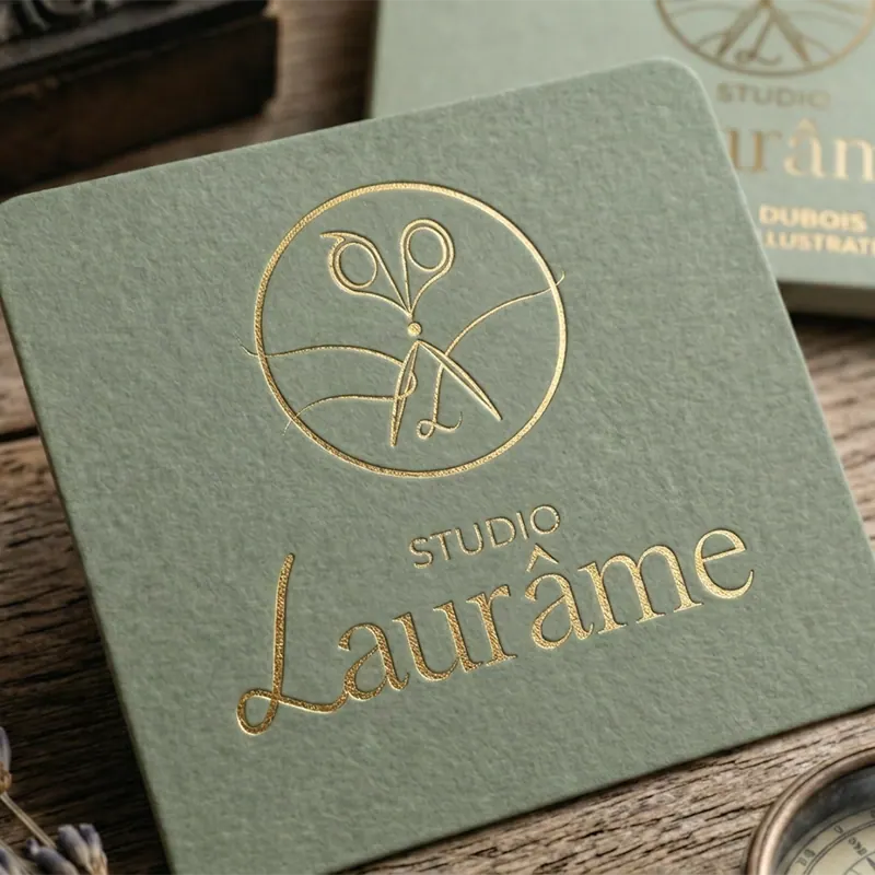 Cartes de visite vert sauge et or pour un salon de coiffure